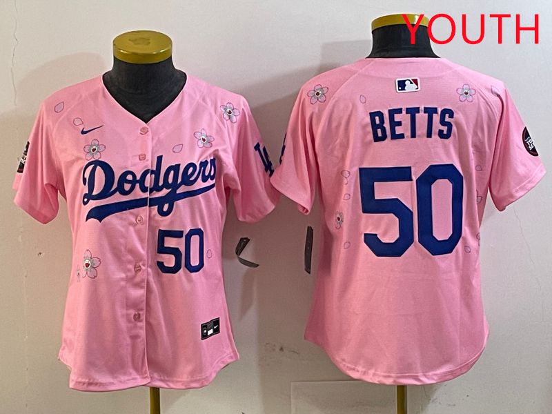 Youth Los Angeles Dodgers #50 Betts Pink Sakura Edition 2025 Nike MLB Jersey style 4->youth mlb jersey->Youth Jersey